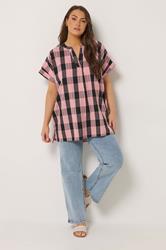 YOURS Plus Size Pink & Black Check Overhead Half Placket Shirt | Yours Clothing 1