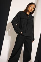 PixieGirl Petite Women's Black Crinkle Crochet Tie Neck Blouse | PixieGirl 1