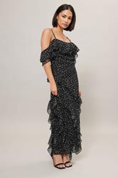 PixieGirl Petite Women's Black Chiffon Polka Dot Ruffle Maxi Dress | PixieGirl 3