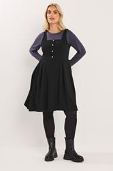 YOURS Plus Size Black Button Front Textured Pinafore Dress | Yours Clothing 1
