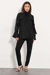 PixieGirl Petite Women's Black Satin Frill Blouse | PixieGirl 1