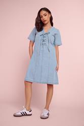 PixieGirl Petite Women's Light Blue Lace Up Denim Mini Dress | PixieGirl 3
