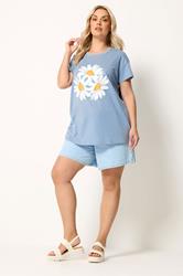 YOURS Plus Size Light Blue Daisy Embellished Graphic T-Shirt | Yours Clothing 2