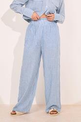 PixieGirl Petite Women's Blue Linen Striped Wide Leg Trousers | PixieGirl 1