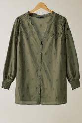 EVANS Curve Khaki Green Broderie Cotton Blouse