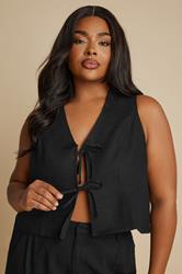 YOURS Plus Size Black Cropped Bow Tie Front Linen Waistcoat | Yours Clothing 4