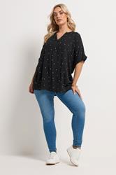 YOURS Plus Size Black Crinkle Polka Dot Notch Neck Top | Yours Clothing 1