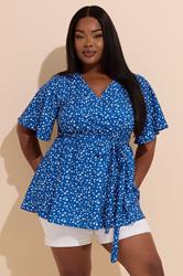 YOURS Plus Size Blue Ditsy Floral Print Wrap Top | Yours Clothing 3
