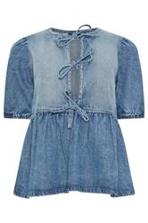 PixieGirl Petite Women's Blue Denim Tie Front Peplum Top | PixieGirl 5