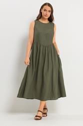 YOURS Plus Size Khaki Green Sleeveless Linen Midi Dress | Yours Clothing 1