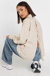 PixieGirl Petite Women's Stone Brown Stripe Tie Back Cotton Shirt | PixieGirl 3