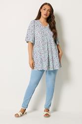 YOURS Plus Size Blue Ditsy Floral Textured Pleat Front Top | Yours Clothing 1