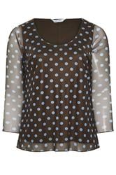 YOURS LONDON Curve Brown & Blue Polka Dot Long Sleeve Top