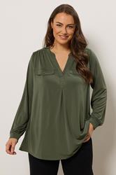 EVANS Plus Size Khaki Green Notch Neck Utility Shirt | Evans 3