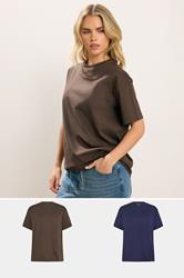 PixieGirl Petite Women's 2 PACK Chocolate Brown & Navy Blue Cotton Oversized T-Shirts | PixieGirl 3