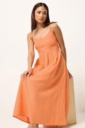 PixieGirl Petite Women's Orange Linen Strappy Midi Dress | PixieGirl 1