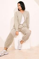 PixieGirl Petite Women's Stone Brown Linen Bomber Jacket | PixieGirl 1