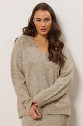 EVANS Plus Size Natural Brown Knitted V-Neck Jumper | Evans  1