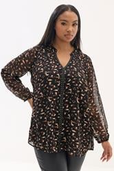 YOURS Plus Size Black & Brown Leopard Print Stud Detail Blouse | Yours Clothing 3
