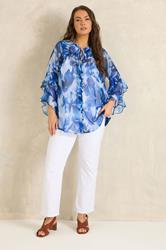 EVANS Plus Size Blue Floral Tie Neck Frill Blouse | Evans 1