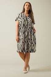 EVANS Plus Size Natural Brown Abstract Print Premium Linen Dress | Evans 2