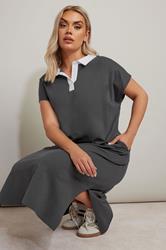 YOURS Plus Size Charcoal Grey Jersey Collar Grown-On Sleeve Dress | Yours Clothing 4