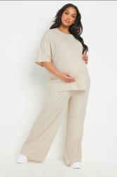 BUMP IT UP MATERNITY Plus Size Cream Premium Ribbed Wide Leg Trousers | Yours Clothing 1