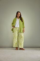 EVANS Plus Size Chartreuse Green Leaf Print Wide Leg Trousers | Evans 1