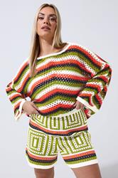 LIMITED COLLECTION Plus Size Ivory White & Green Stripe Crochet Shorts | Yours Clothing 3