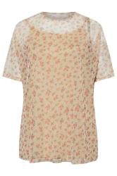 YOURS Curve Natural Brown Ditsy Floral Oversized Mesh Top