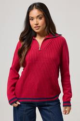 PixieGirl Petite Women's Red Knitted Stripe Quarter Zip Jumper | PixieGirl 3