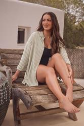 EVANS Plus Size Natural Brown Stripe Print Premium Linen Shirt | Evans 1