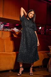 PixieGirl Petite Womens Black Sequin Tie Back Midi Dress | PixieGirl 3