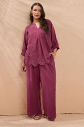 EVANS Plus Size Burgundy Red Broderie Hem Linen Trousers | Evans 4