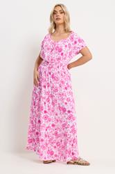 YOURS Plus Size Pink Floral Tie Neck Bardot Maxi Dress | Yours Clothing 1