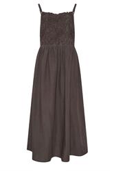 LTS Tall Chocolate Brown Linen Embroidered Midi Dress