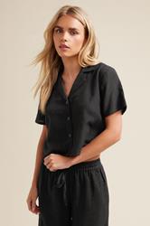 PixieGirl Petite Women's Black Linen Cropped Short Sleeve Shirt | PixieGirl 3