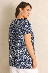 EVANS Plus Size Navy Blue Abstract Print Premium Cotton Henley Top | Evans 2