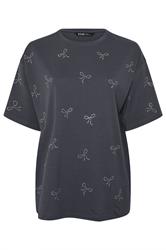 YOURS Curve Grey Embellished Bow Oversized T-Shirt