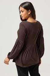 PixieGirl Petite Women's Chocolate Brown Tie Front Cotton Smock Top | PixieGirl 2