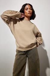 PixieGirl Petite Women's Natural Brown Floral Embroidered Sweatshirt | PixieGirl 3