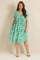 EVANS Plus Size Green Leaf Print Midi Dress | Evans 1