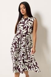 M&Co Petite Berry Purple Leaf Printed Sleeveless Midi Dress | M&Co 1