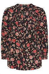 EVANS Curve Black & Red Floral Print Pintuck Blouse