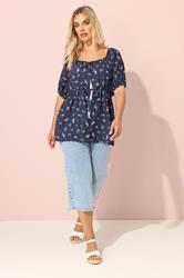 YOURS Plus Size Navy Blue Floral Print Tie Front Top | Yours Clothing 1