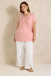 EVANS Plus Size Pink Short Sleeve Cotton Henley Top | Evans 1