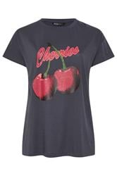 YOURS Curve Grey 'Cherries' Embellished Slogan T-Shirt