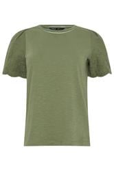 M&Co Petite Khaki Green Embroidered Sleeve Cotton T-Shirt | M&Co 5