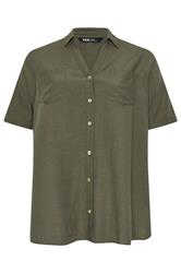 YOURS Curve Khaki Green Short Sleeve Linen Shirt