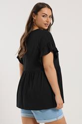 YOURS Plus Size Black Button Frill Sleeve Peplum Top | Yours Clothing 2